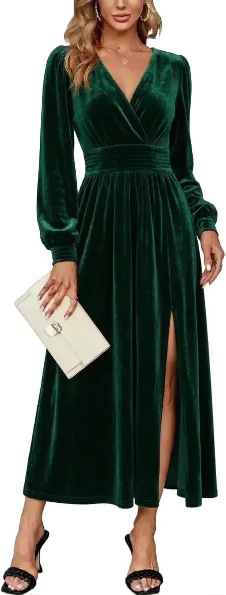 Velvet V-Neck Evening Dress with Bishop Sleeves and Side Slit