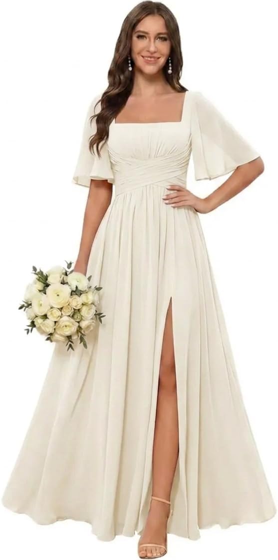 Square Neck Chiffon Bridesmaid Dress with Flutter Sleeves and Slit