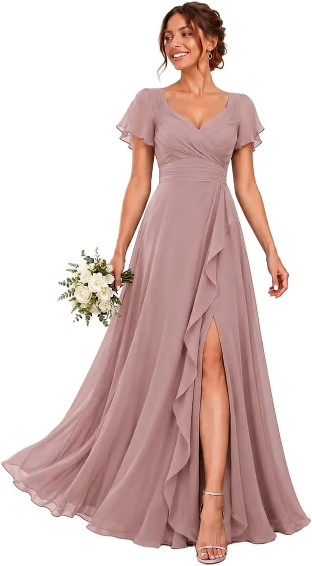 Chiffon V-Neck Bridesmaid Dress with Flutter Sleeves and Slit