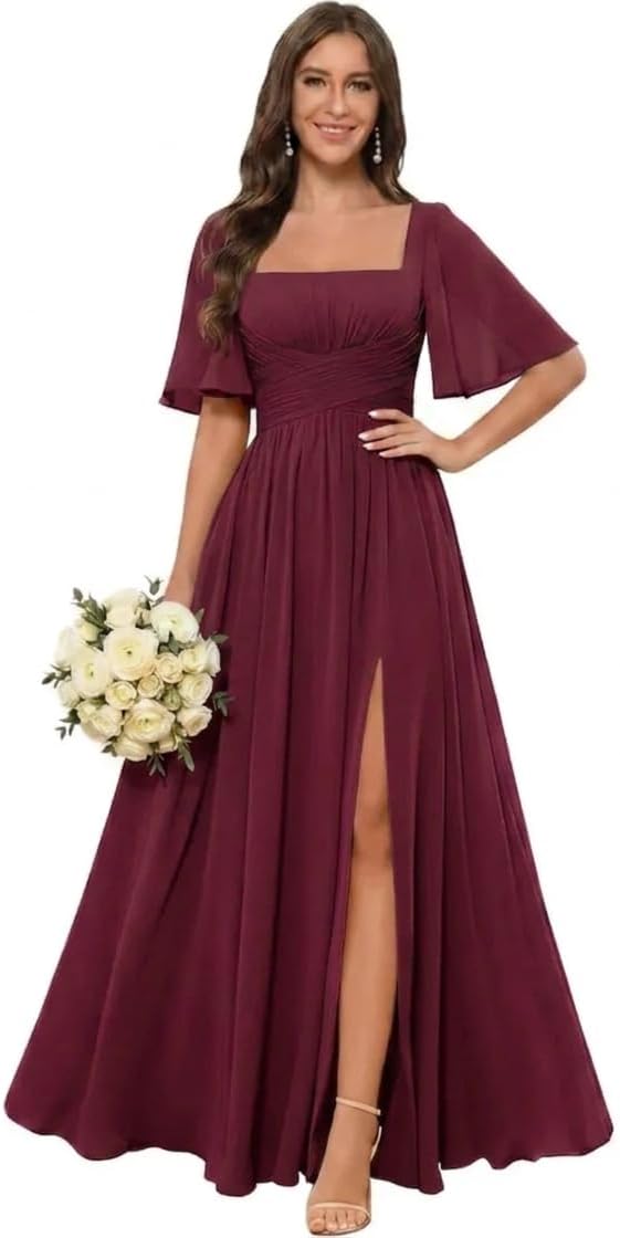 Square Neck Chiffon Bridesmaid Dress with Flutter Sleeves and Slit