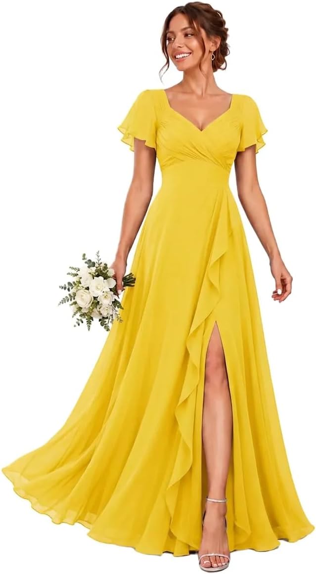 Chiffon V-Neck Bridesmaid Dress with Flutter Sleeves and Slit