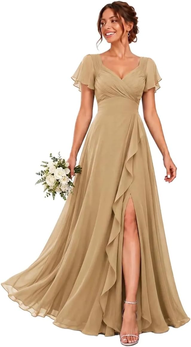Chiffon V-Neck Bridesmaid Dress with Flutter Sleeves and Slit