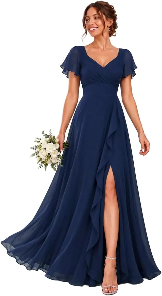 Chiffon V-Neck Bridesmaid Dress with Flutter Sleeves and Slit