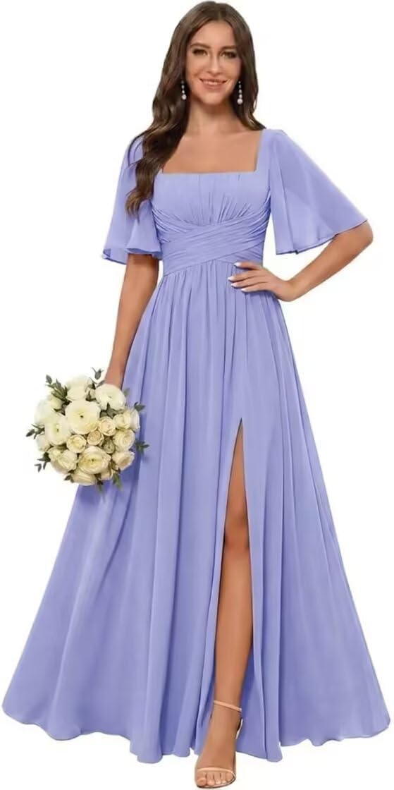 Square Neck Chiffon Bridesmaid Dress with Flutter Sleeves and Slit