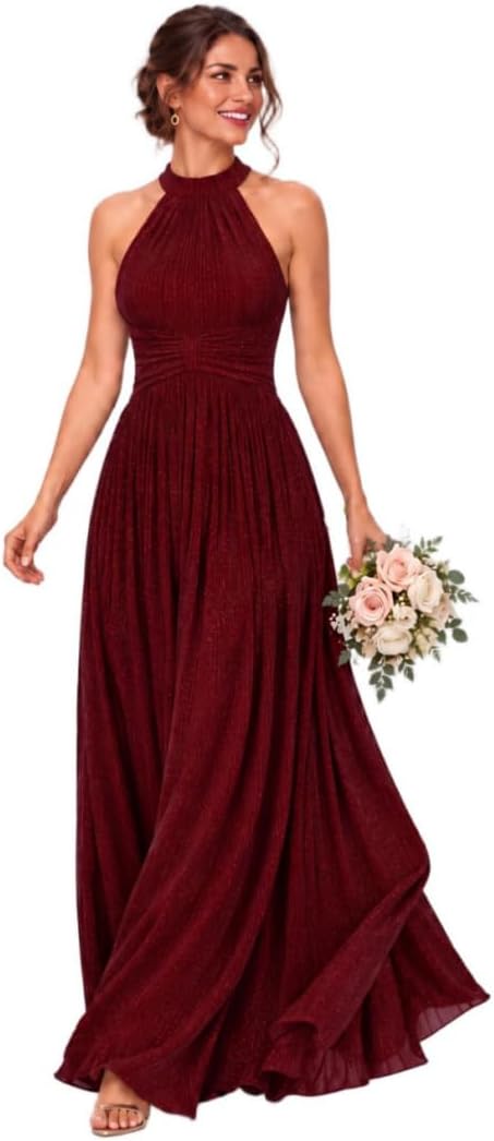 Glitter Chiffon Halter Bridesmaid Dress with Pleated Empire Waist