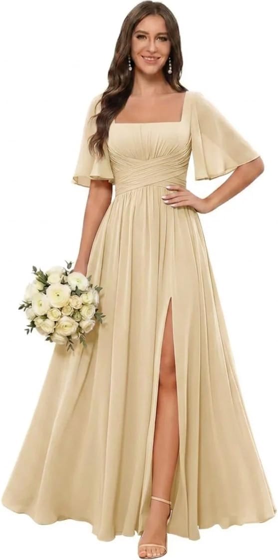 Square Neck Chiffon Bridesmaid Dress with Flutter Sleeves and Slit