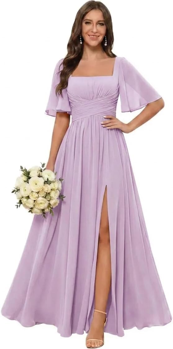 Square Neck Chiffon Bridesmaid Dress with Flutter Sleeves and Slit