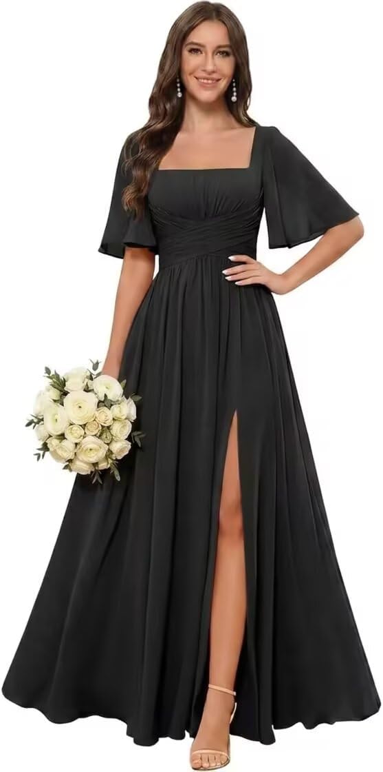 Square Neck Chiffon Bridesmaid Dress with Flutter Sleeves and Slit