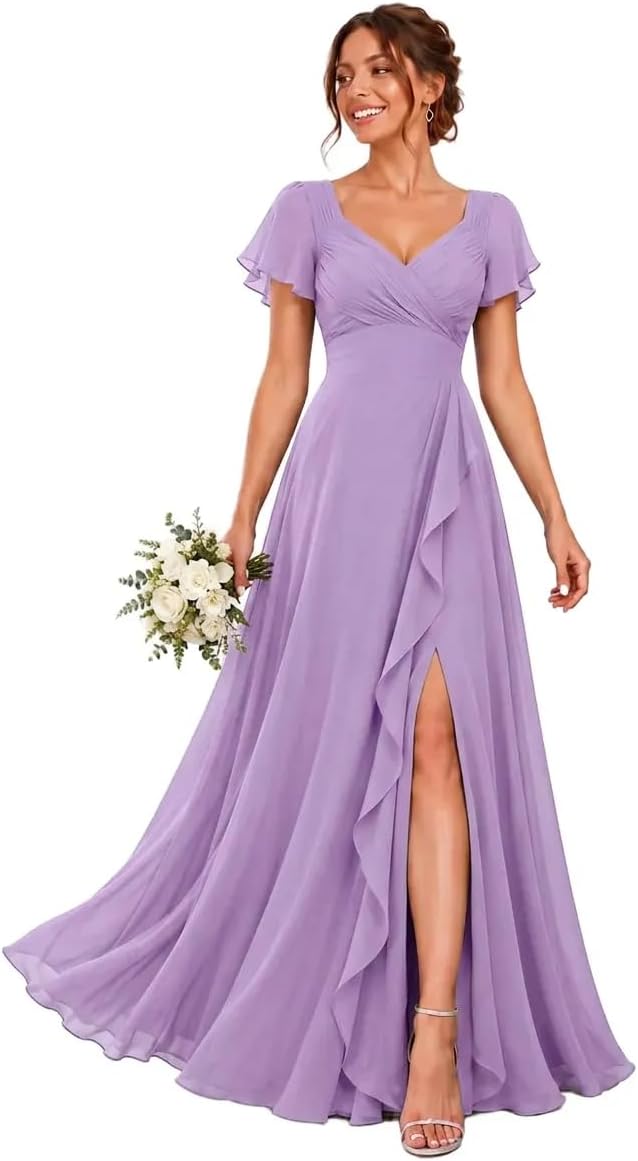Chiffon V-Neck Bridesmaid Dress with Flutter Sleeves and Slit
