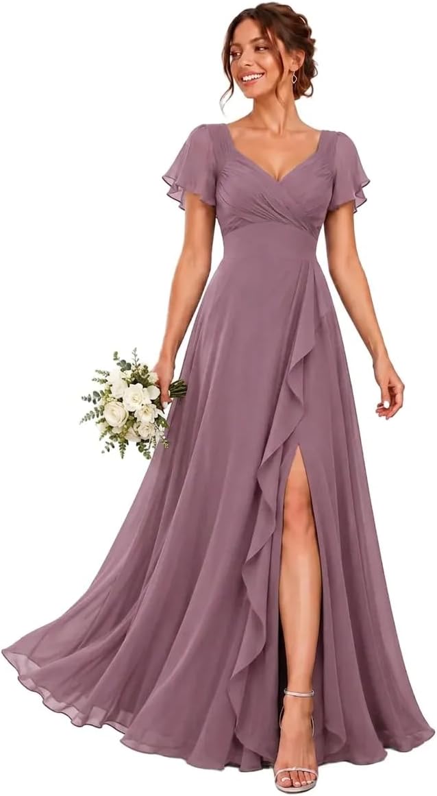 Chiffon V-Neck Bridesmaid Dress with Flutter Sleeves and Slit