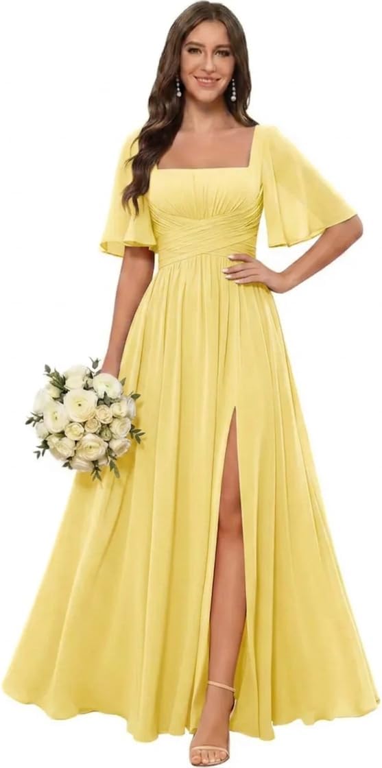 Square Neck Chiffon Bridesmaid Dress with Flutter Sleeves and Slit
