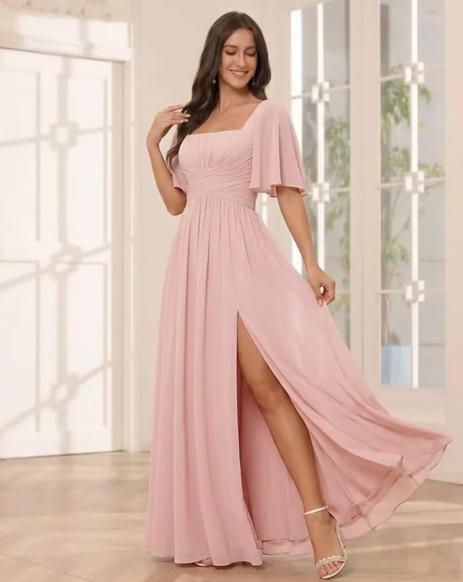 Square Neck Chiffon Bridesmaid Dress with Flutter Sleeves and Slit