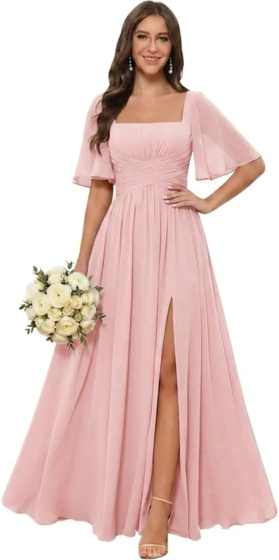 Square Neck Chiffon Bridesmaid Dress with Flutter Sleeves and Slit