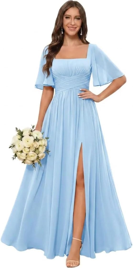 Square Neck Chiffon Bridesmaid Dress with Flutter Sleeves and Slit