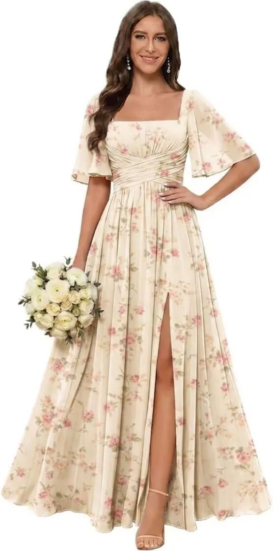 Square Neck Chiffon Bridesmaid Dress with Flutter Sleeves and Slit