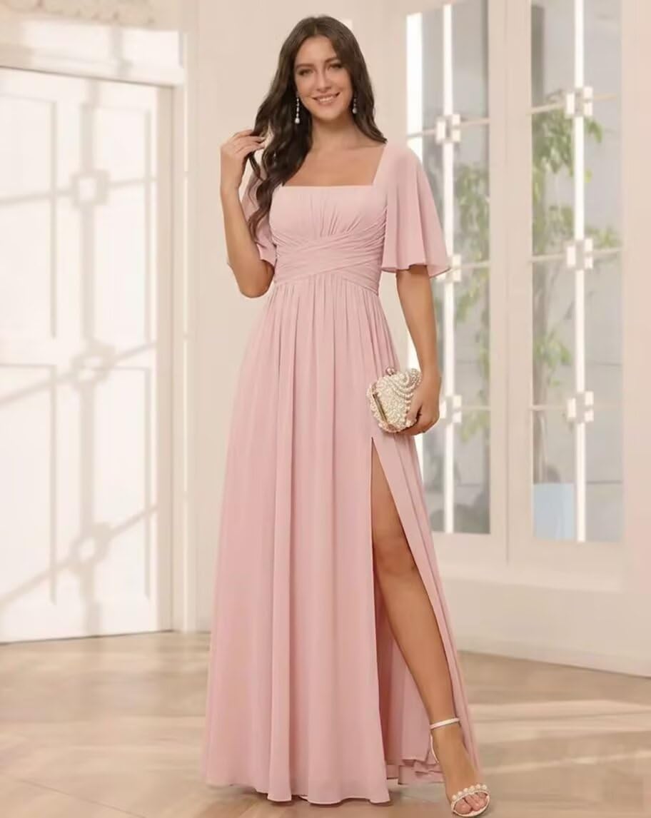 Square Neck Chiffon Bridesmaid Dress with Flutter Sleeves and Slit