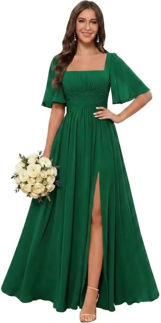 Square Neck Chiffon Bridesmaid Dress with Flutter Sleeves and Slit
