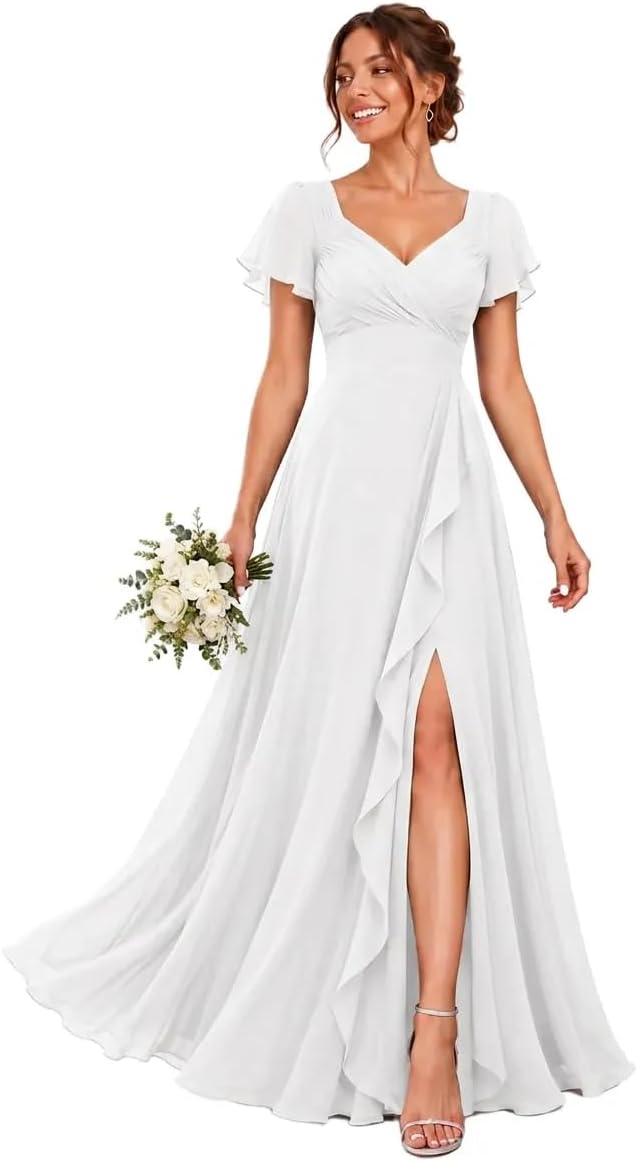 Chiffon V-Neck Bridesmaid Dress with Flutter Sleeves and Slit