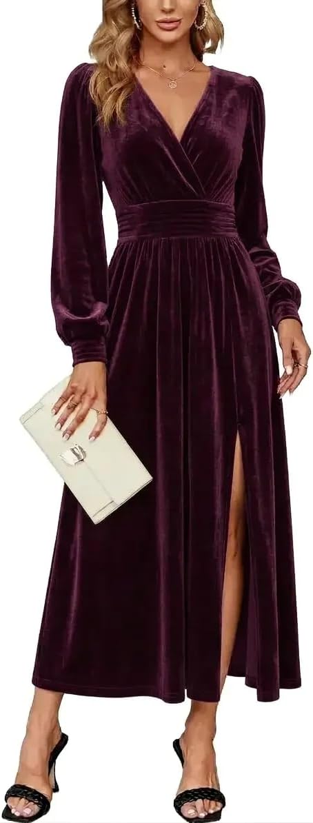 Velvet V-Neck Evening Dress with Bishop Sleeves and Side Slit