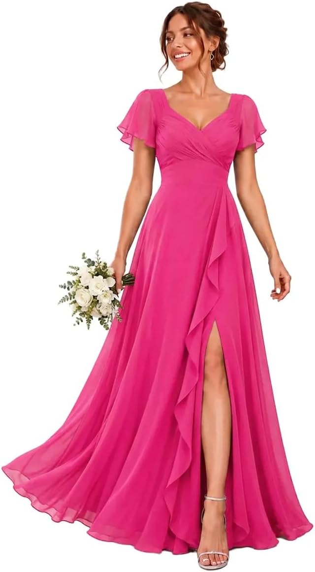 Chiffon V-Neck Bridesmaid Dress with Flutter Sleeves and Slit
