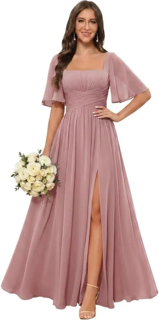 Square Neck Chiffon Bridesmaid Dress with Flutter Sleeves and Slit