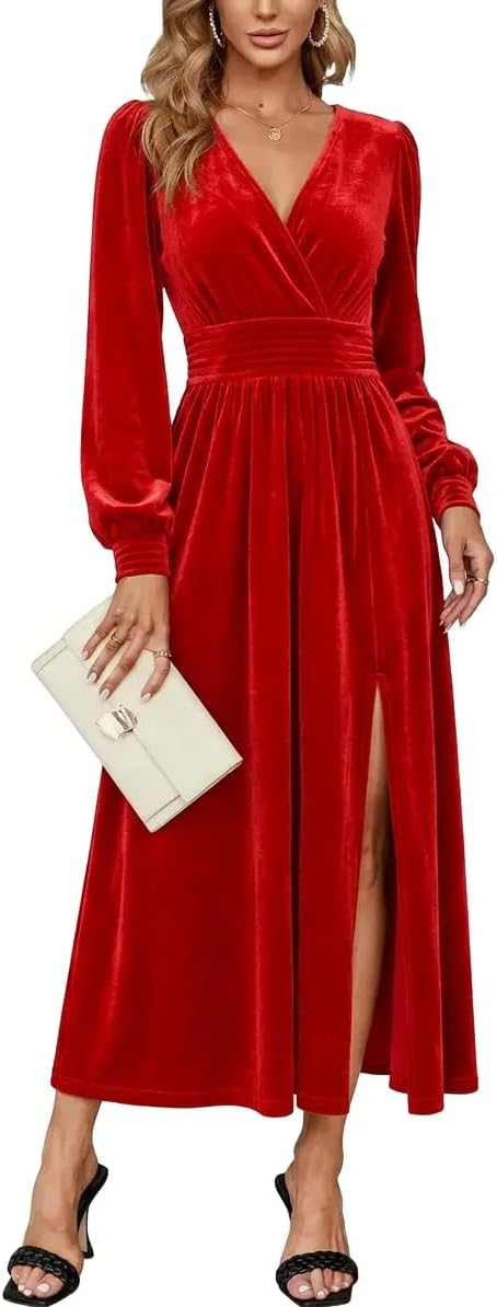 Velvet V-Neck Evening Dress with Bishop Sleeves and Side Slit