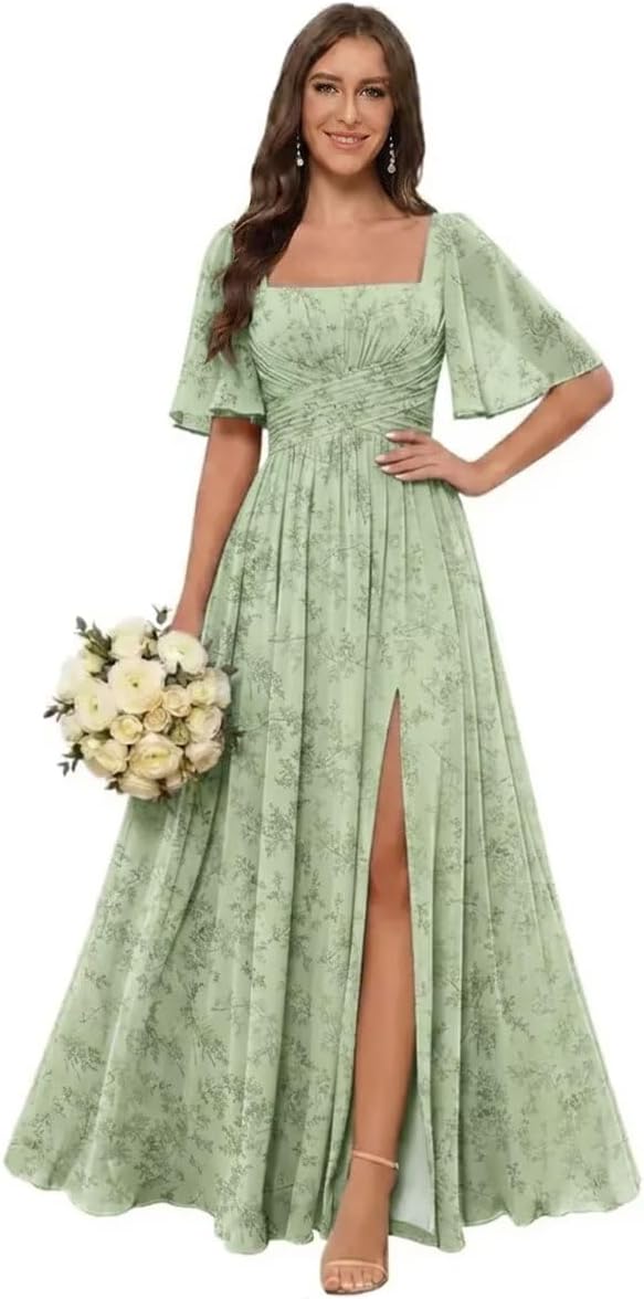 Square Neck Chiffon Bridesmaid Dress with Flutter Sleeves and Slit