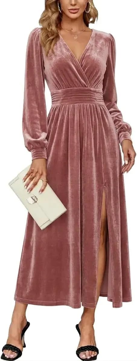 Velvet V-Neck Evening Dress with Bishop Sleeves and Side Slit