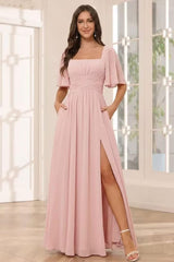 Square Neck Chiffon Bridesmaid Dress with Flutter Sleeves and Slit