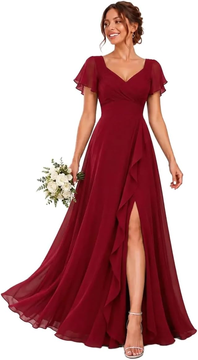 Chiffon V-Neck Bridesmaid Dress with Flutter Sleeves and Slit
