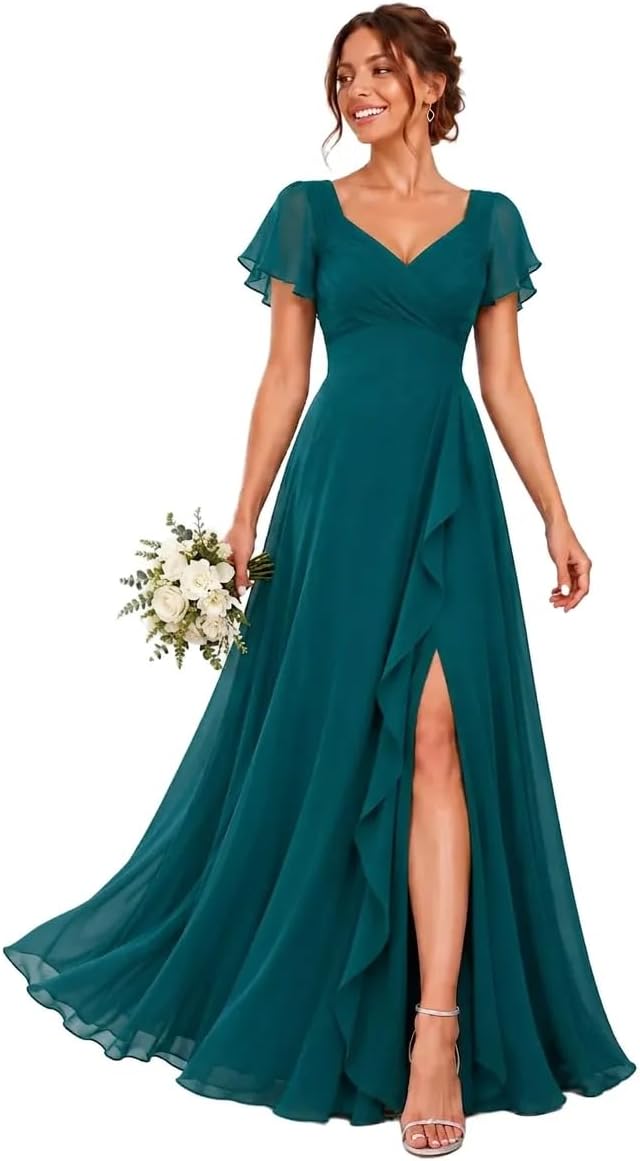 Chiffon V-Neck Bridesmaid Dress with Flutter Sleeves and Slit