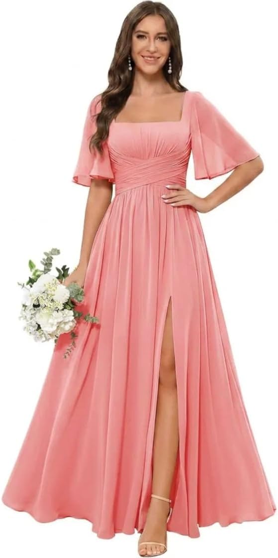 Square Neck Chiffon Bridesmaid Dress with Flutter Sleeves and Slit