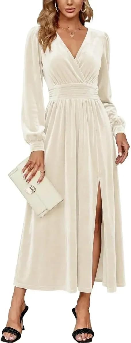 Velvet V-Neck Evening Dress with Bishop Sleeves and Side Slit