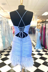 Glitter Light Blue Feathered Tight Short Homecoming Dress