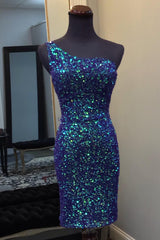 Sparkly Dark Blue Sequin Open Back Tight Short Homecoming Dress