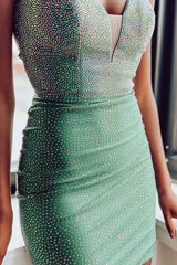 Sparkly Green Beaded Lace-Up Back Tight Short Homecoming Dress