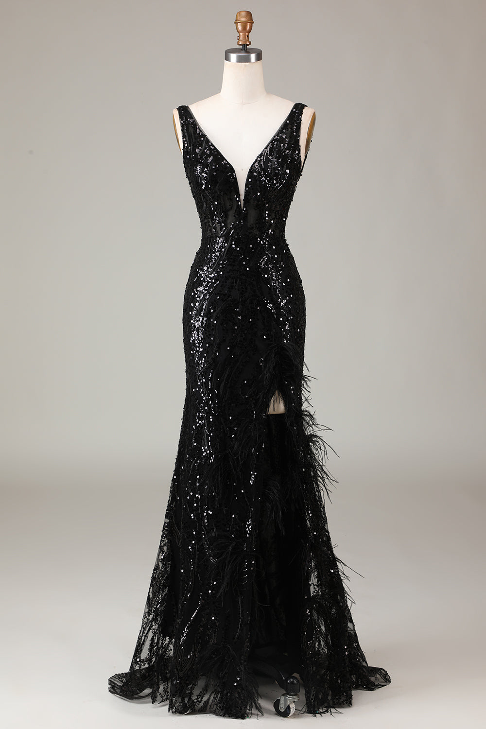 Black Mermaid Sequins Long Prom Dress With Feather