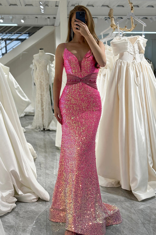 Glitter Fuchsia Mermaid Backless Long Prom Dress