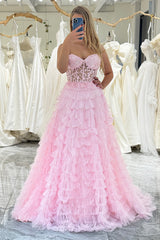 Coral A Line Tiered Sweetheart Long Corset Prom Dress