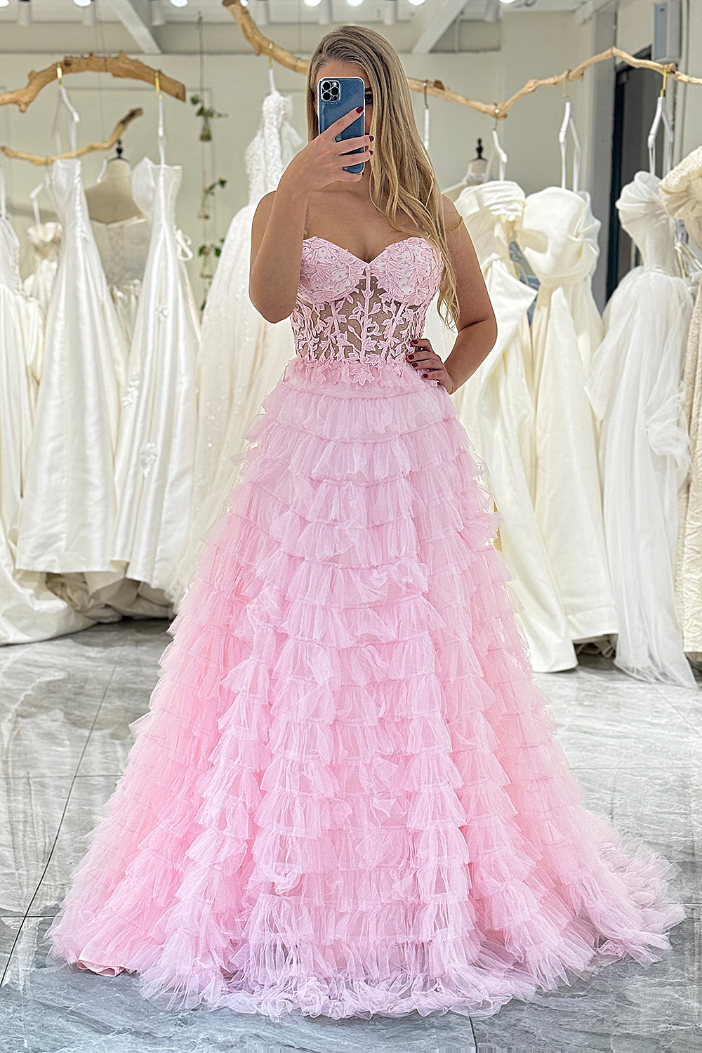 Pink A Line Tiered Sweetheart Long Corset Prom Dress