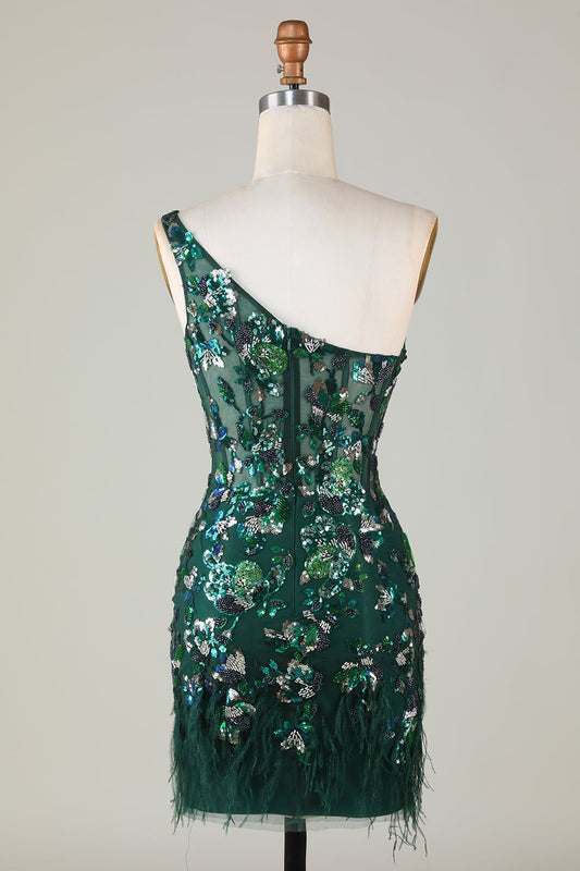 Bodycon One Shoulder Dark Green Sequins Short Homecoming Dress with Feather