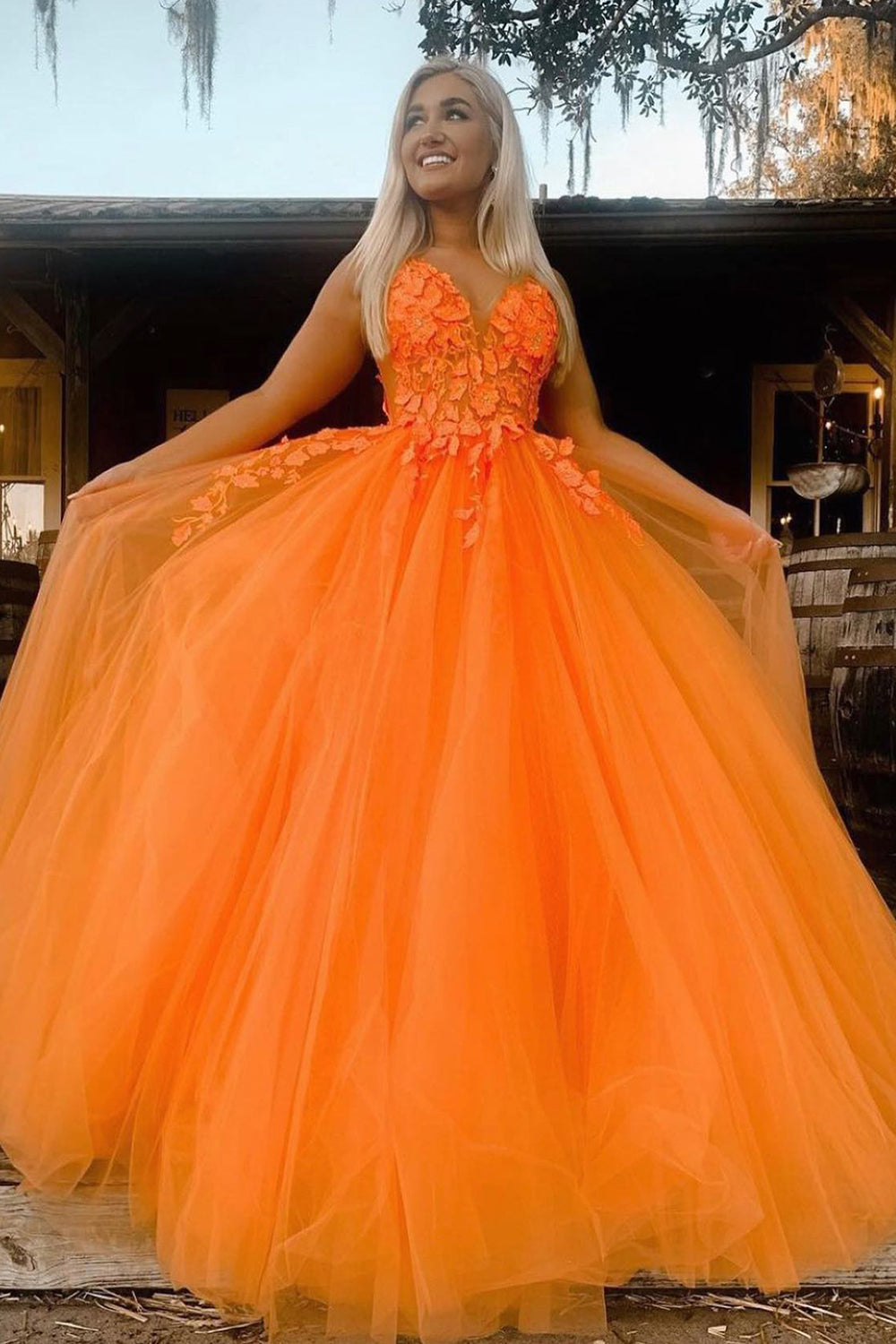 A Line V Neck Orange Prom Dress with Appliques