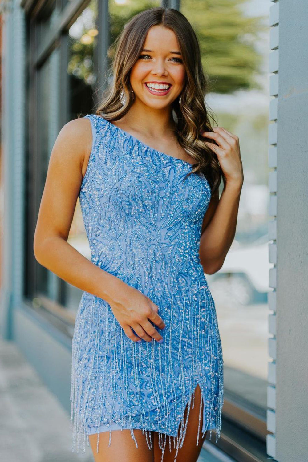 Sparkly Blue Beaded Fringed Tight Short Homecoming Dress