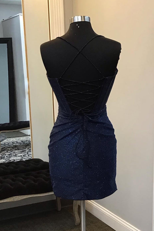 Sparkly Navy Beaded Corset Tight Short Homecoming Dress