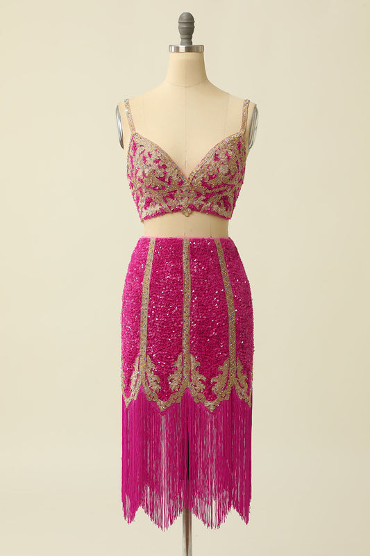 Two Pieces Fuchsia Homecoming Dress With Fringes