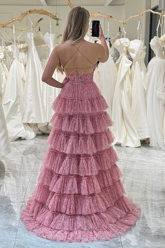 Pink A Line Backless Tiered Long Prom Dress