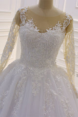 Bateau Long Sleeve Lace A-Line Wedding Dress with Pearls and Tulle Appliques