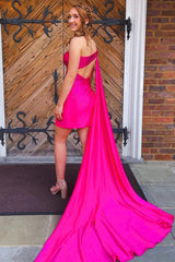 Sparkly Fuchsia Sequins One Shoulder Watteau Train Tight Homecoming Dress