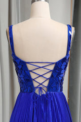 Glitter Royal Blue A Line Long Mirror Prom Dress With Slit