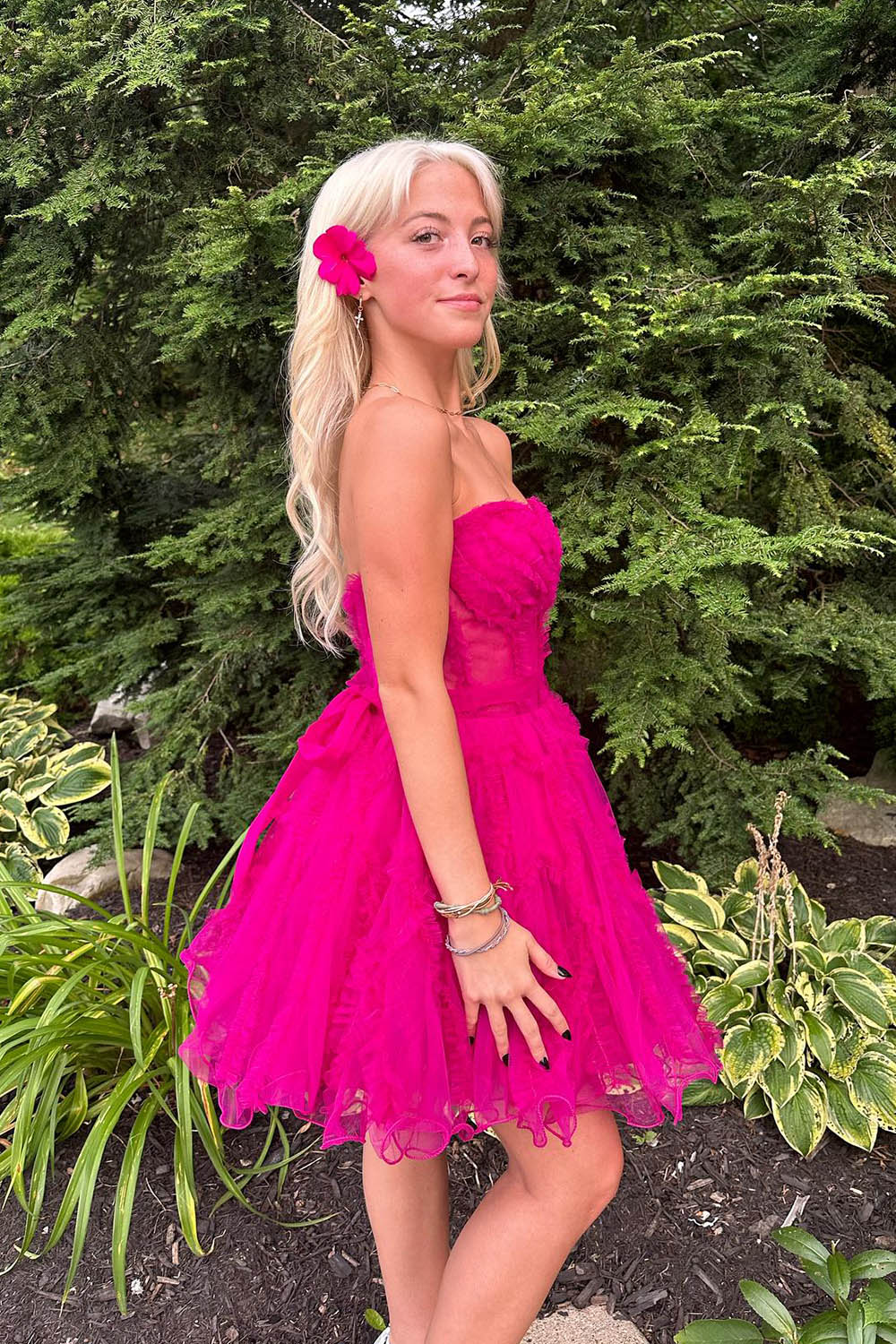 Fuchsia Corset Sweetheart A-Line Short Tulle Homecoming Dress